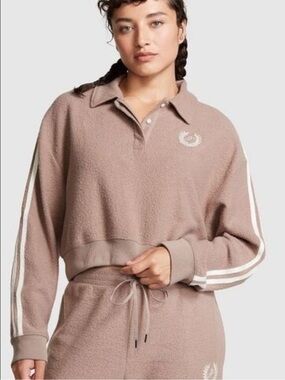 Pink Victoria's Secret Reverse Fleece Cropped Polo Sweatshirt XS Pullover Lounge